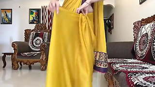 Indian Desi Bhabhi Wearing Yellow Saree In Front Of Devar