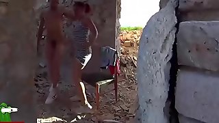 A voyeur and a couple sucking in the abandoned house. SAN134