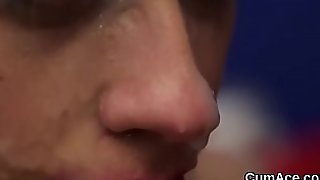 Frisky honey gets cumshot on her face swallowing all the jism