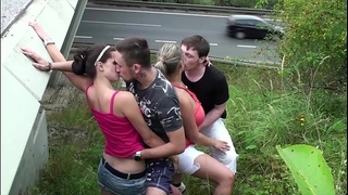 Cum on large titties in public gang gangbang foursome