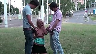 Crazy public sex teens threesome in the middle of a street with hot blonde girl