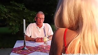 Blonde escort abuses rich old grandpa and sucks butler