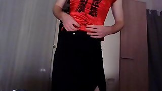 Amateur cross dresser back from the office in a sexy black blazer, red hot chinese qipao and a sexy black skirt touching and masturbating